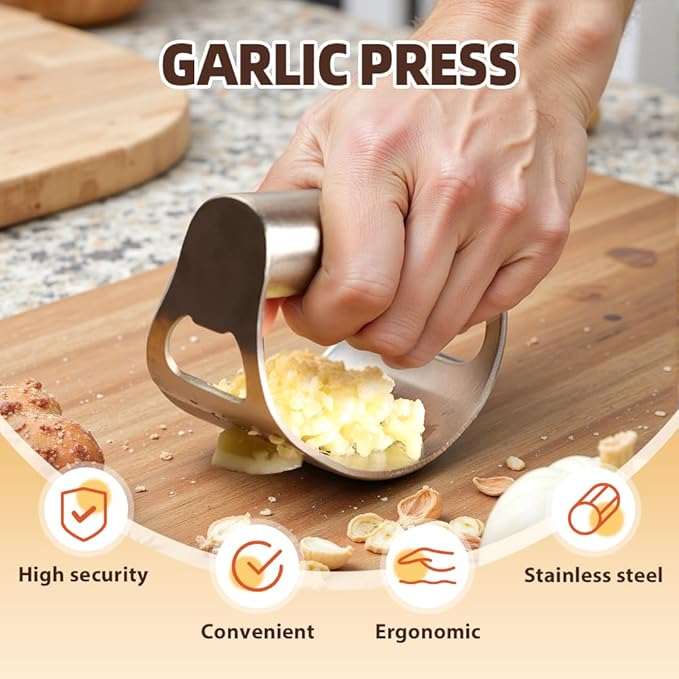 Stainless Steel Garlic Presser, Upgrade Rocker Crusher Masher with Garlic Peeling, 2026 New Portable Manual Stainless Steel Garlic Press for Home Kitchen Utensils (2)