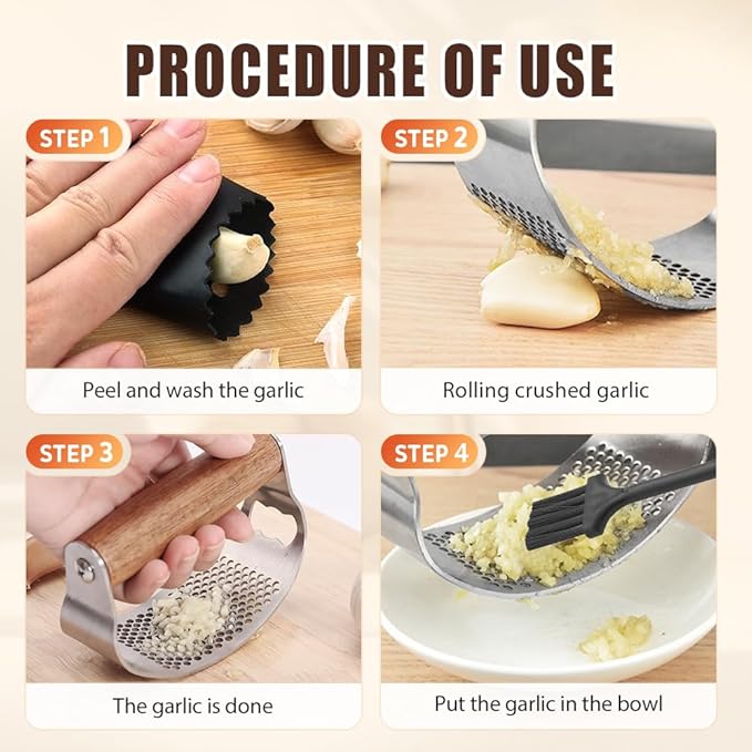 Stainless Steel Garlic Presser, Upgraded Garlic Press Rocker with Peeler and Cleaning Brush, Ergonomic Handle for Cooking Enthusiasts (3 pcs)
