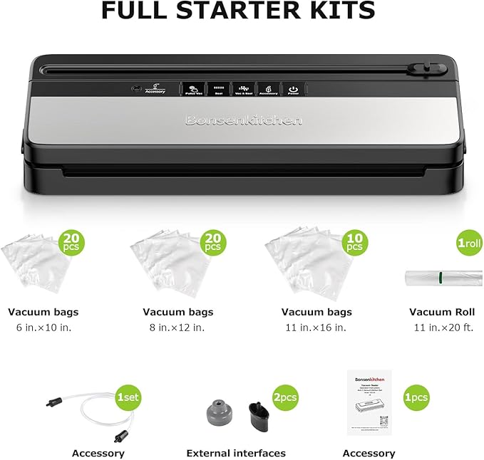 Bonsenkitchen Vacuum Sealer Machine, Multi-Functional Food Sealer with 1 Roll Bag & 50 Vacuum Bags, Built-in Cutter | Bag Storage, Black-Silver