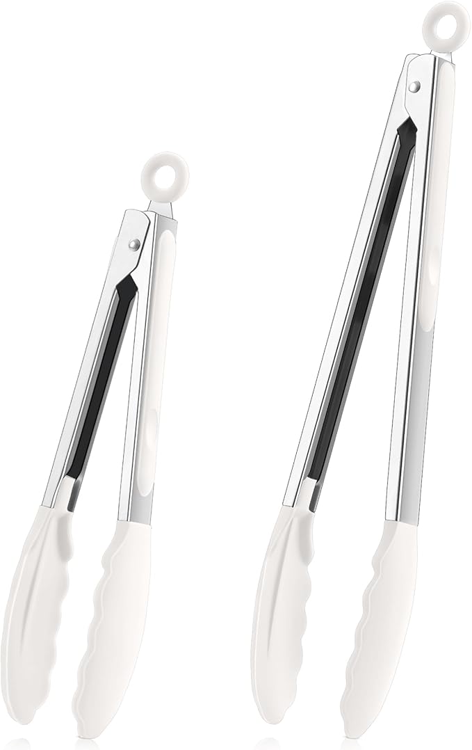 TeamFar Kitchen Tongs, 9" and 12" Stainless Steel Cooking Tongs with Silicone Tips for Cooking Grilling Serving & BBQ, Heat Resistant Silicone Tongs, Locking Design & Dishwasher Safe, Set of 2 & White