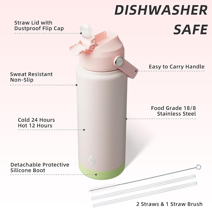 BJPKPK Water Bottle with Straw Lid, 24oz Vacuum Insulated Water Bottles, Metal Stainless Steel Thermo for Sports, Travel, BPA Free Leak Proof Thermo, Cups, Flasks, Tumblers,Pearl Pink