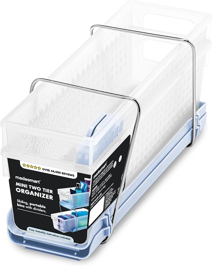 madesmart 2-Tier Plastic Mini Multipurpose Organizer with Divided Slide-Out Storage Bins, Compact Under Sink and Cabinet Organizer Rack, Frost