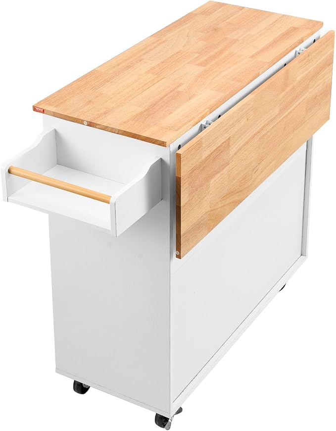 VEVOR Kitchen Island Cart with Solid Wood Top, 35.4" Width Mobile Carts with Storage Cabinet, Rolling Kitchen Table with Spice Rack, Towel Rack, Drop Leaf and Drawer, Portable Islands on Wheels, White