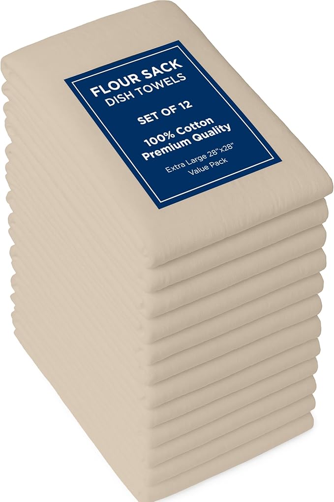 ROYALE LINENS Flour Sack Towels – 12 Pack 28x28 Inch Natural Kitchen Dish Towels – 100% Cotton Tea Towels for Bread Proofing, Cheese Straining, Baking, Cleaning, Drying, Embroidery, Multipurpose Use