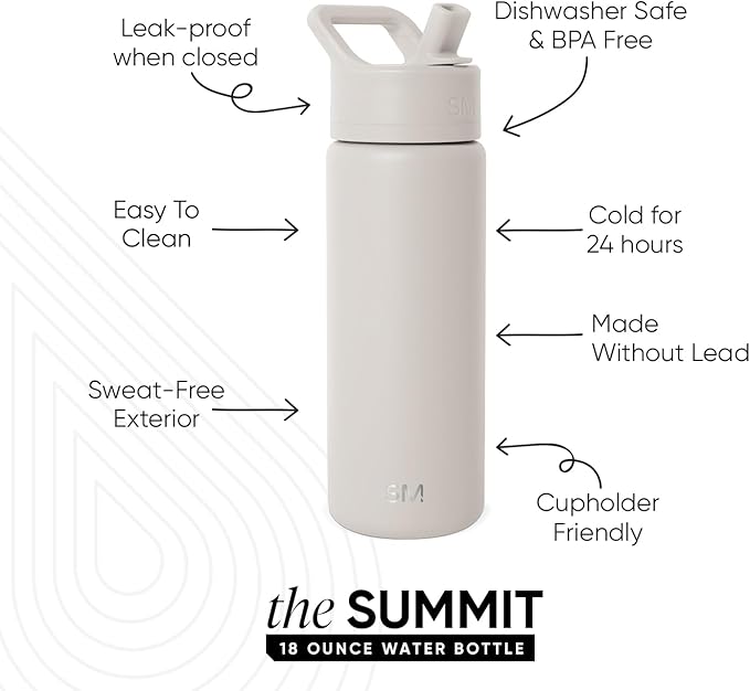 Simple Modern Kids Water Bottle with Straw Lid Vacuum Insulated Stainless Steel Metal Thermos Bottles | Reusable Leak Proof BPA-Free Flask for School | Summit Collection | 18oz, Almond Birch