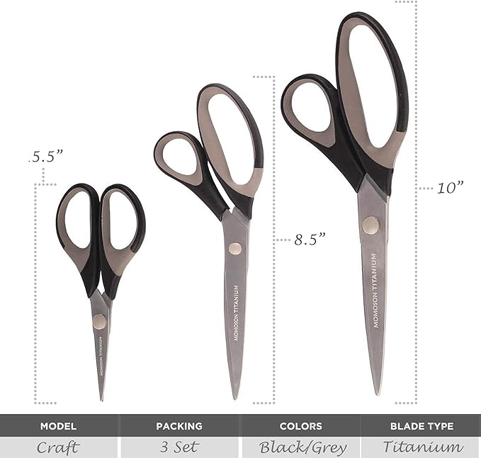 BambooMN Titanium Softgrip Scissors Set for Sewing, Arts, Crafts, Office - 3 Sets of 3 - Black w/Grey Inlays