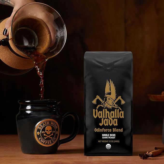Death Wish Coffee, Valhalla Java Odinforce Blend - Whole Bean Dark Roast - Extra Kick of Caffeine - Arabica & Robusta Coffee Beans - 12 Ounce (Pack of 1)