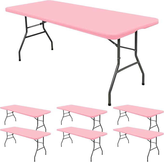 6 Pack Fitted Tablecloth for 6 Foot Rectangle Tables, Pink Elastic Outdoor Picnic Table Cover, Washable Stretch Folding Table Cloths 6 ft for Camping Party Patio Kitchen Banquet, 30" W x 72" L