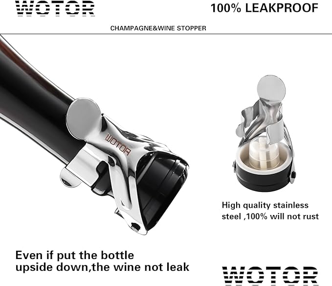 WOTOR Champagne&Wine Bottle Stoppers Stainless Steel with Food Grade Silicone, Leak Proof Keep Fresh Reusable Saver, Cork Suitable for Wine, Champagne, Cava, Prosecco and Sparkling (6 Pack Silver）