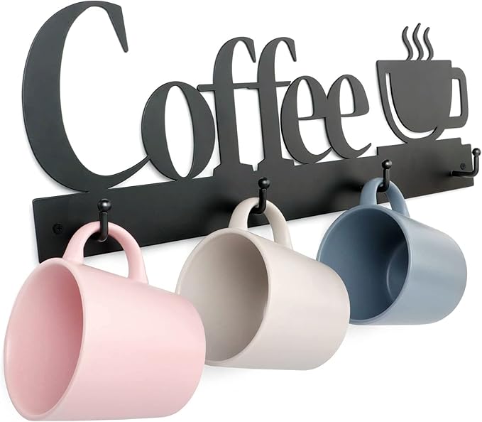HULISEN Coffee Mug Wall Rack, Coffee Cup Holder Wall Mounted with 12 Heavy Duty Hooks and Metal Coffee Sign, Rustproof Tea Cup Hanger Display Decor for Coffee Bar, Kitchen, Office