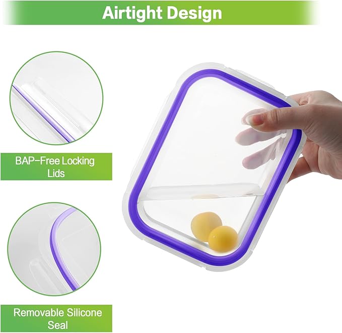 HOMBERKING Glass Food Storage Containers with Lids, 18 Piece Meal Prep Containers, Airtight Lunch Bento Boxes, BPA-Free & Leak Proof (9 Lids & 9 Containers) - Purple