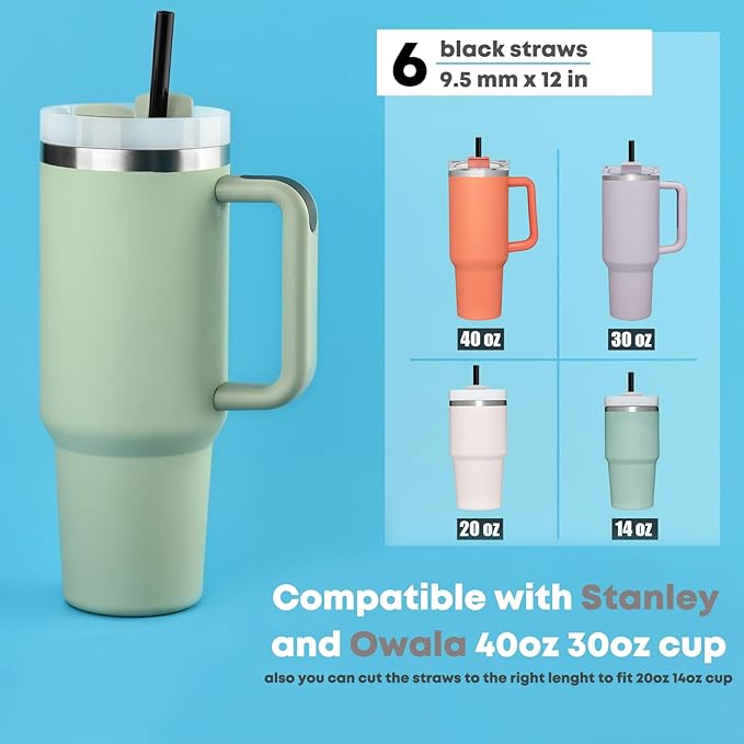 [DISHWASHER SAFE] 6 Pack Black Replacement Straws for Stanley 40 oz 30 oz Cup Tumbler, 12 inch Long Reusable Plastic Straws with Brush for Stanley, Owala, Yeti Tumbler, BPA FREE