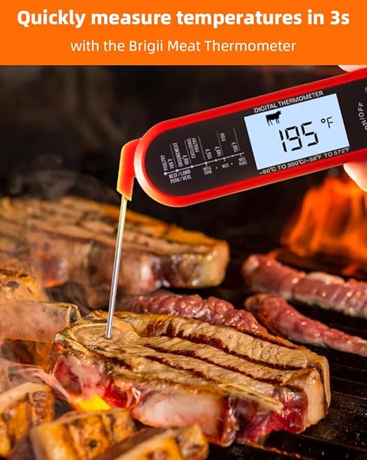 Brigii Meat Thermometer, Instant Read Digital Thermometer-Waterproof/Backlight, 43in Extended Probe and Folding Probe, Oven-Safe Design, Kitchen Food Thermometer for Deep Fry, Grilling, BBQ