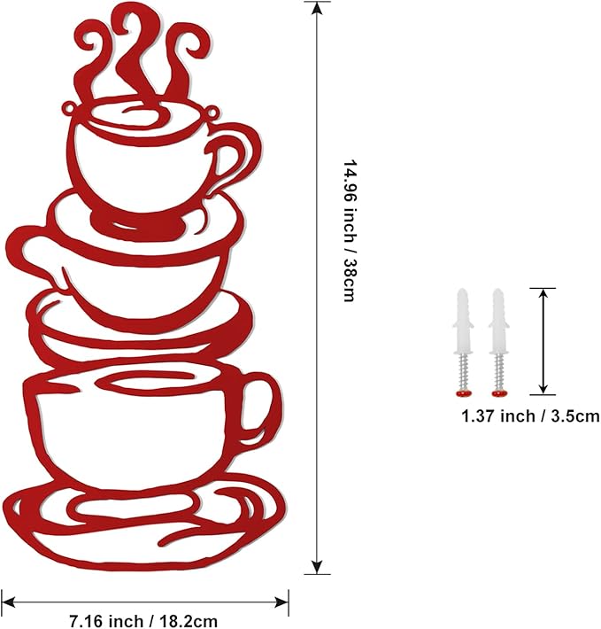 Lynicon Coffee Cup Metal Wall Art, Farmhouse Kitchen Restaurant Decor Coffee Bar Sign, Red