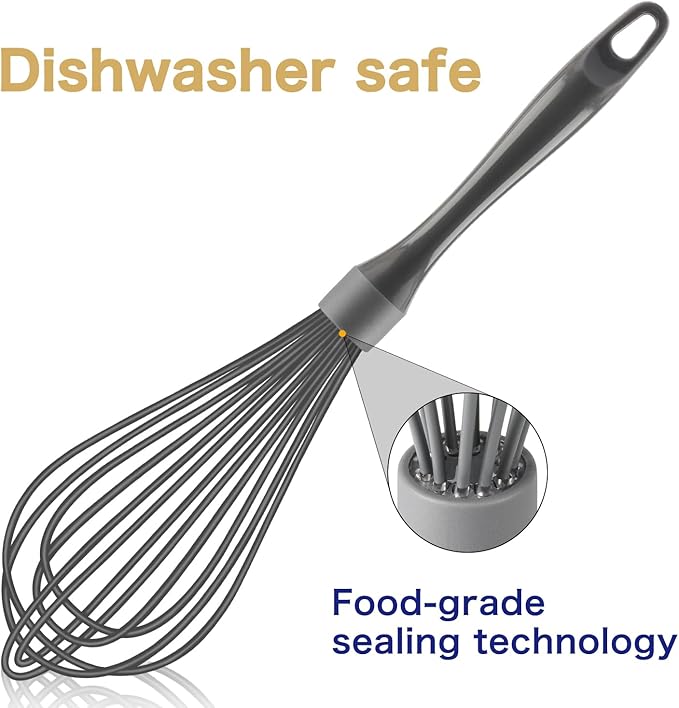 Dishwasher Safe Whisk, Professional Whisks For Cooking Non-Scratch, Stainless Steel & Silicone Wisk, Plastic Rubber Whisk Tool For Nonstick Cookware Pans, Heat Resistant Whisk 12-Inch, Grey