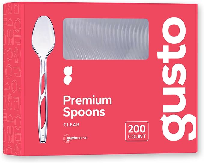 GUSTO [200 Count] Premium Heavyweight Spoons Plastic Disposable, Clear Plastic Spoons Heavy Duty, Perfect for Parties, Events, and Catering (Formerly Comfy Package)