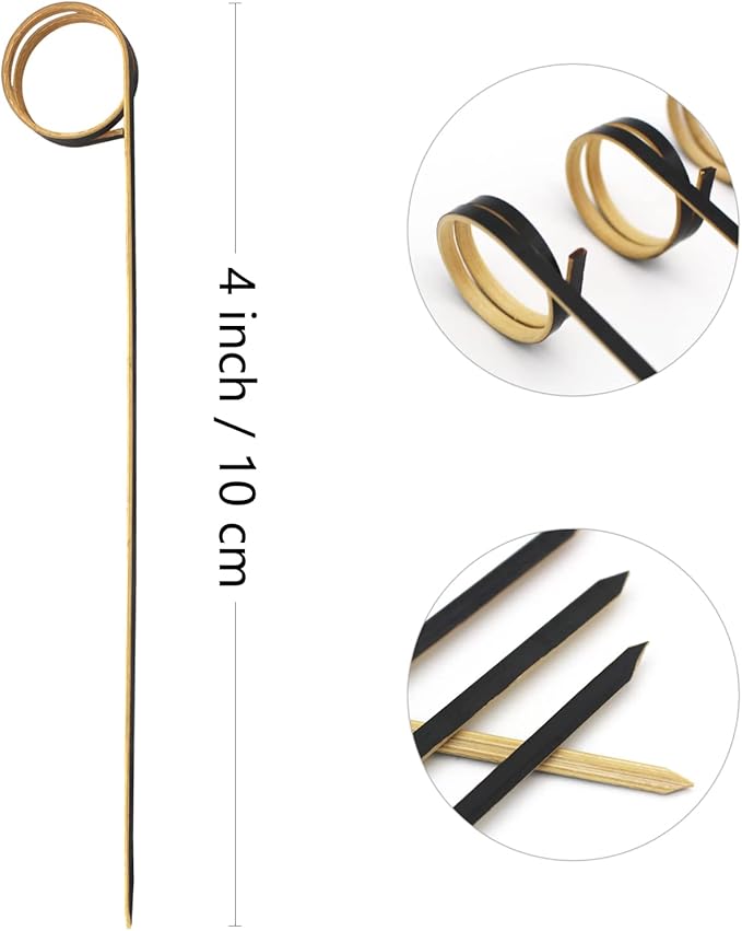 BLUE TOP Bamboo Cocktail Picks 100 PCS Black Bamboo Skewers 4 Inch with Looped Ring,Food Picks,Party Toothpicks for Appetizers,Cocktail Drinks,Barbecue Snacks,Club Sandwiches.