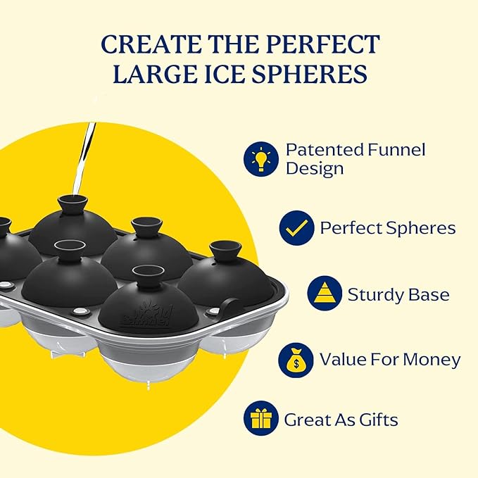 Samuelworld Large Ice Ball Maker with Lid, 12 x 2.5 Inch Ice Balls - Food Grade, Easy To Fill Round Silicone Ice Tray, Perfect Spheres Craft Ice Maker for Whiskey, Cocktails, Gifting - Black