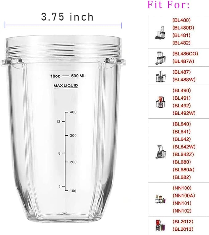 Replacement 18oz Blender Cup with Sip & Seal Lid For Nutri Ninja BL450 BL456 BL480 BL482 BL640 BL642 BL682 BN401 BN751 BN801 Foodi SS101 SS151 SS351 SS401 SS400 Ninja Blender Auto IQ Blade, 2-Pack