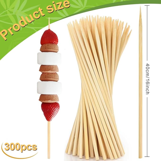300 Pcs 16 inch Natural Bamboo Skewers, Φ=4mm, PEOUWNES Food Sticks for Appetiser, BBQ, Fruit，Cocktail, Grilling Kebabs, Bouquet, Chocolate Fountain, Corn Dog, Kitchen, Barbecue, Crafting and Party