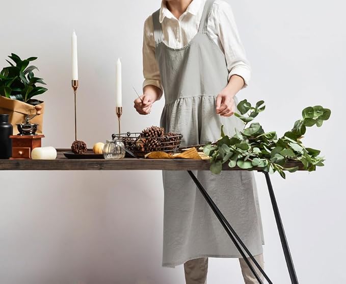 Uaussi Cotton Linen Apron Cross Back Work Apron for Women with Pockets Pinafore Dress X Cross Halter Apron for Chef Gardening