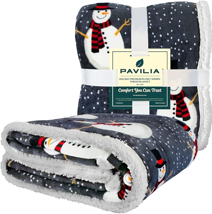 PAVILIA Premium Christmas Sherpa Throw Blanket | Snowman Decoration, Fleece, Plush, Warm, Cozy Reversible Microfiber Holiday Blanket 50 x 60