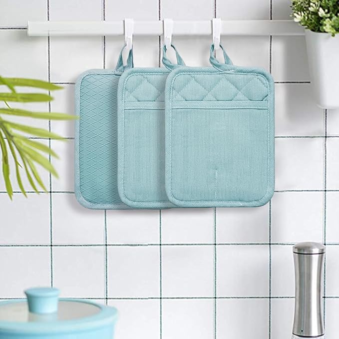 Pot Holders Yarn-Dyed Set of 3 Non Slip Silicone Kitchen Lines Heat Resistant 500℉ Kitchen Gloves BBQ Cooking Baking Cooking Barbecue Microwave Machine Washable (Light Blue Potholders)