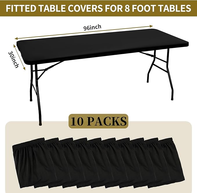 10 Pack Stretch Fabric Table Top Cap Cover, fits 8' Tables, Spandex Table Covers Washable Elastic Universal Rectangle Tablecloth Protector for Indoor Outdoor Party Picnic Wedding, Black, 30" W x 96" L