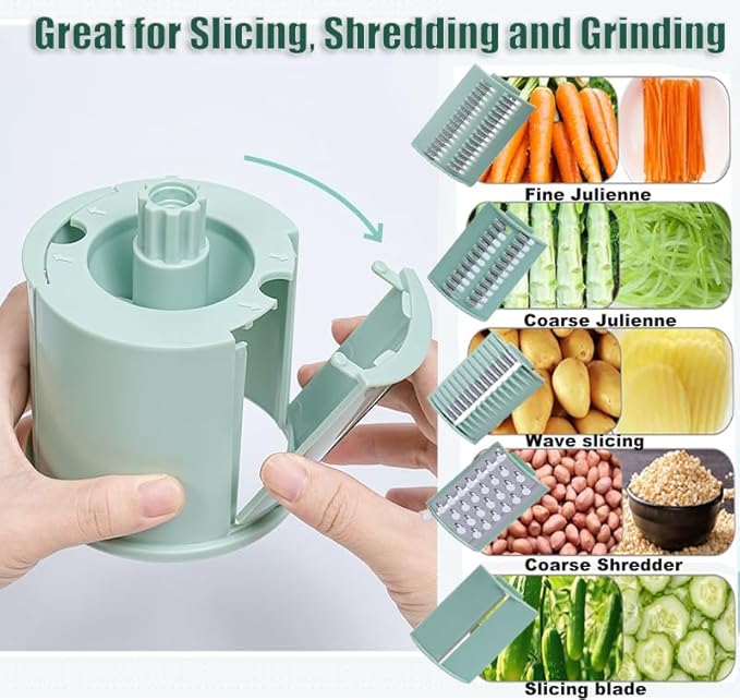 5-in-1 Rotary Cheese Grater with Handle,Multifunctional Manual Vegetable Shredder with Interchangeable Blades,Strong Suction Base，Effortless Shredding for Cheese,Nuts,Fruits,Veggies (green)