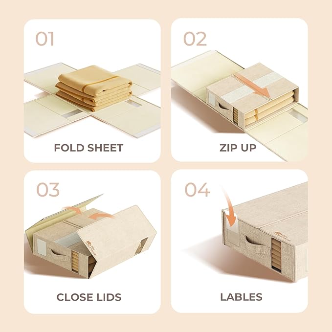 4 Pack Sheet Storage Organizer (King & Queen Size) with handle, Foldable Sheet Set Organizer for Linen Closet, Sheet Organizer for Blanket, Coverlet and Towel, Beige