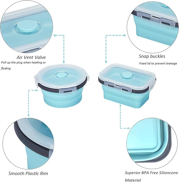 KUON Collapsible Silicone Food Storage Containers with Airtight Lids, Set of 4 Stacking Container, Microwave and Freezer and Dishwasher Safe, with Vent Valve, BPA Free (350ml and 500ml)
