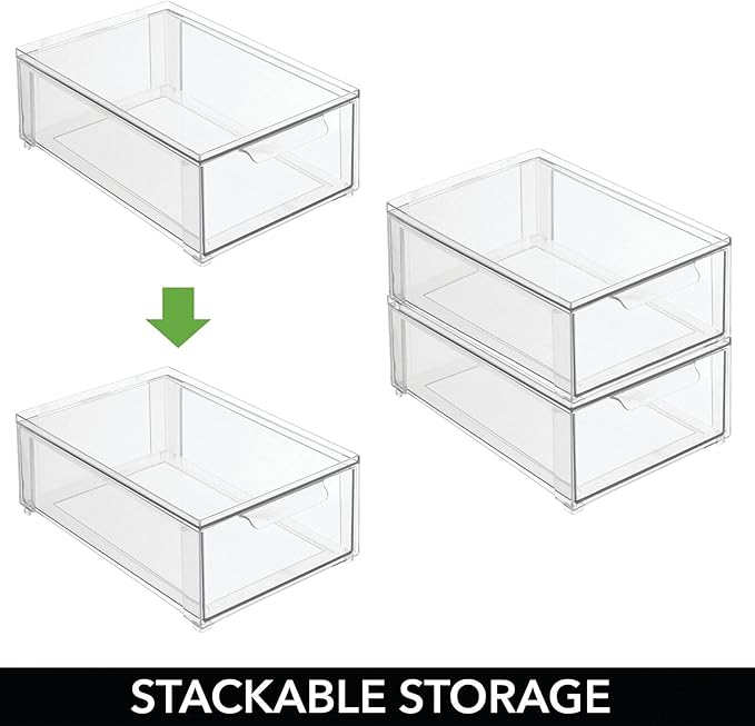 mDesign Plastic Pantry Organization and Storage Bin w/Pull Out Drawer - Shallow Stackable Kitchen Supplies Storage Container for Organizing Cabinet, Fridge, Freezer - Lumiere Collection - Clear