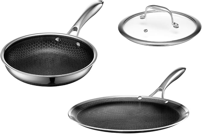 HexClad Hybrid Nonstick 3-Piece Cookware Set, 8" Pan, 8" Lid, and 12" Griddle Pan