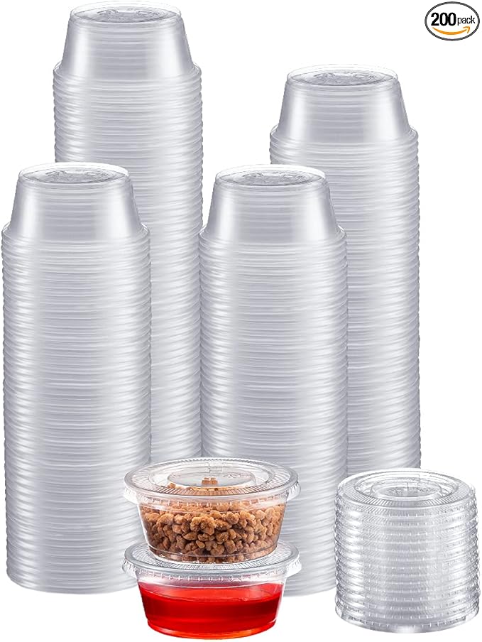 Portion Cups with Lids (2 Ounces, 200 Pack) | Disposable Plastic Cups for Meal Prep, Portion Control, Salad Dressing, Jello Shots, & Medicine | Small Plastic Condiment Container