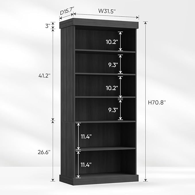 70.8" Tall Black Bookshelf, Farmhouse Modular Bookcase with 6-Tier Adjustable Shelves, Large Storage Cabinet for Home Office, Living Room, Set of 4