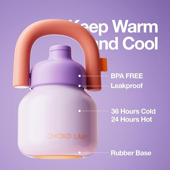 CHAKO LAB Water Bottle with Straw and Carry Handle | Wide Mouth vacuum insulated stainless steel Bottles | Reusable, leak-proof and BPA-free | 33oz (Purple&Orange)