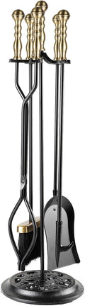 5 Pieces Fireplace Tools Sets Wrought Iron Firewood Kit with Handle Durable Tool Set and Holder for Fire Pit Stand Indoor Tong Shovel Poker Brush Firewood Accessories (Brass)