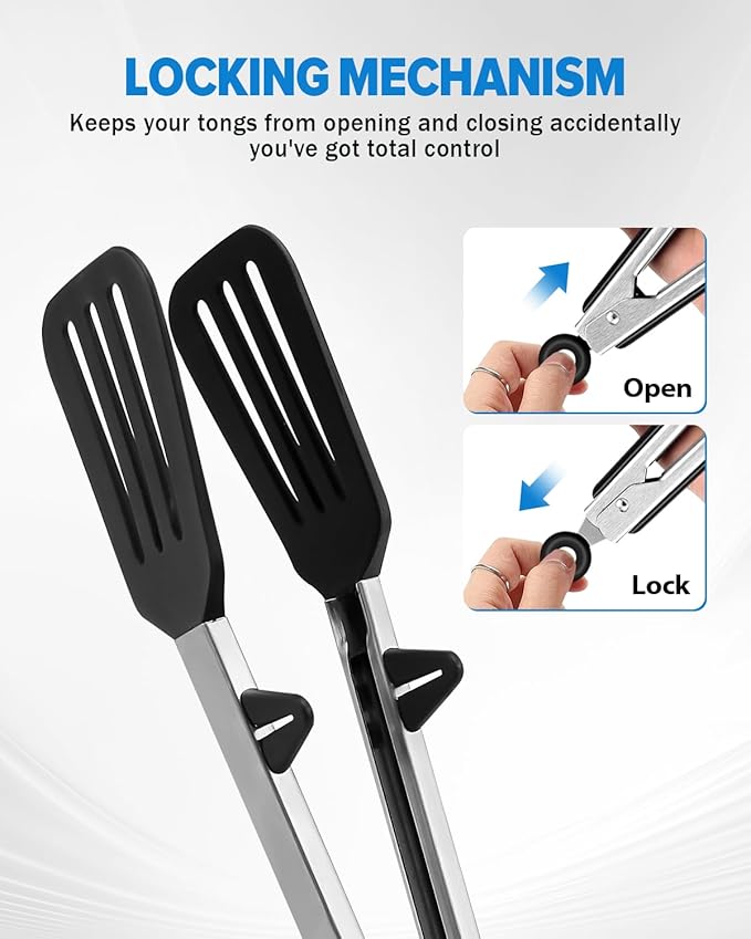 Kitchen Tongs for Cooking, 12 Inch Non Scratch Silicone Tip for Nonstick Cooking Pans, Food Grade Mini Serving Tongs, Pull Lock, Set of 3, Black