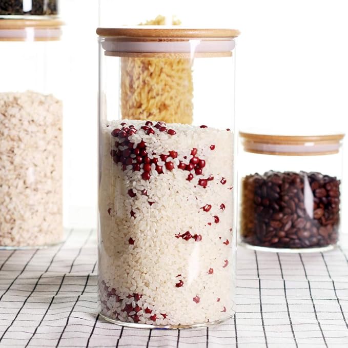 Stackable Kitchen Canisters Set, Pack of 5 Clear Glass Food Storage Jars Containers with Airtight Bamboo Lid for Candy, Cookie, Rice, Sugar, Flour, Pasta, Nuts