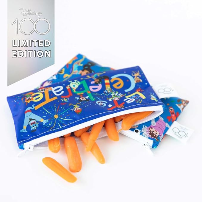 Bumkins - Cloth Snack & Sandwich Bags - For Storage, Travel, Food Prep, Lunch - Reusable, Water Resistant, Dishwasher Safe - Snack Bags for Kids - Zipper Closure - Disney 100 Years Celebration -3 Pack