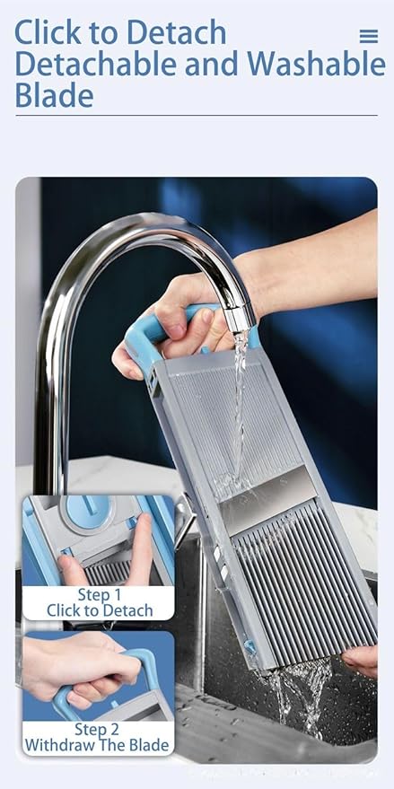 New Upgrade Safe Mandoline Slicer Plus, Biger Size, Adjustable Vegetable Food Chopper Potato Fries Cutter, Detachable Blade, Kitchen Chopping Artifact with Container. Blue
