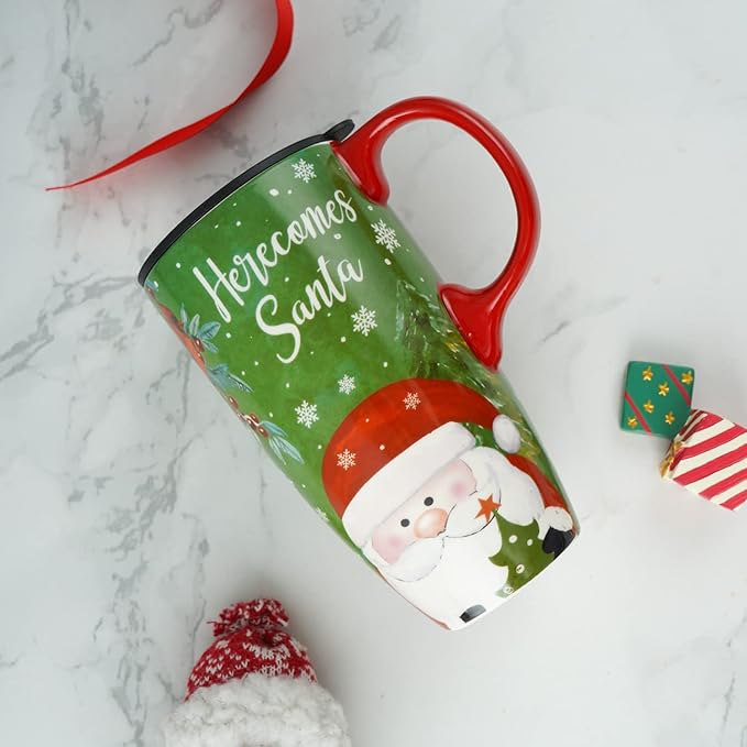 Topadorn Christmas Ceramic Mug Coffee Cup with Sealed Lid and Gift Box Latte Mug, 17oz. Here Comes Santa Claus