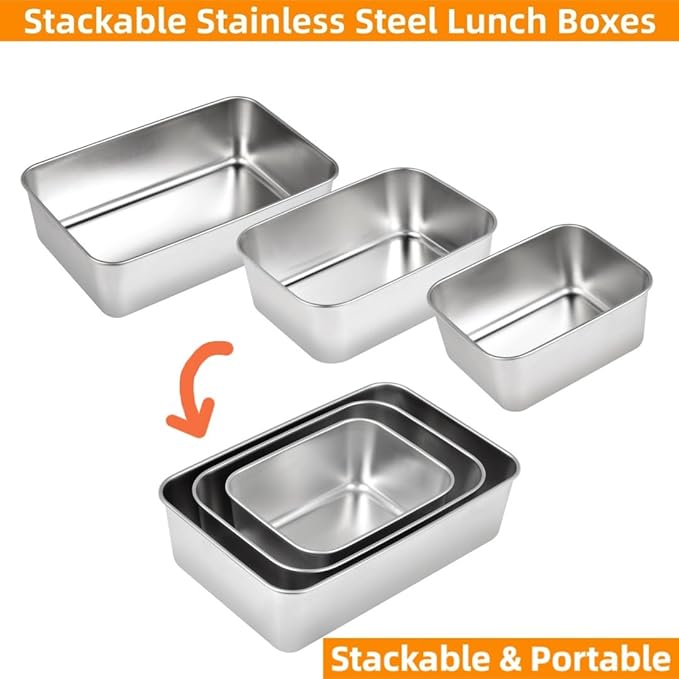Stainless Steel Lunch Box Container with Lid, Pack of 3 Bento Snack Boxes for Work, Travel or Picnics, Dishwasher Safe, 25oz, 45oz, 65oz