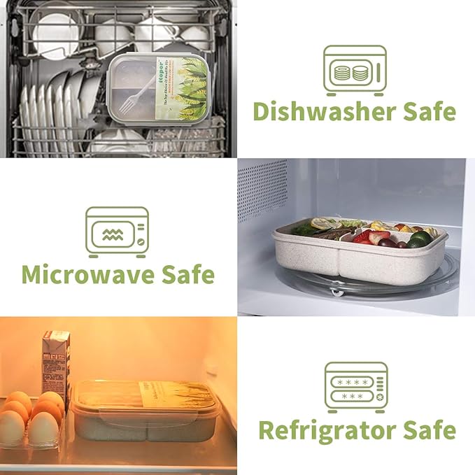 Wheat Straw Bento Box Adult, Leakproof Lunch Box Kids, BPA-Free Microwave Safe Lunch Containers with 3 Compartments (White, Regular Size)