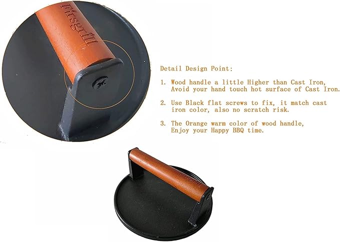 Firsgrill 2-Pack Burger Press 7.08" Round,Heavy-Duty Cast Iron Smash Burger Press Meat Steak with Wood Handle for Blackstone Camp Chef Pitboss Weber Griddle Grills (2 Round)