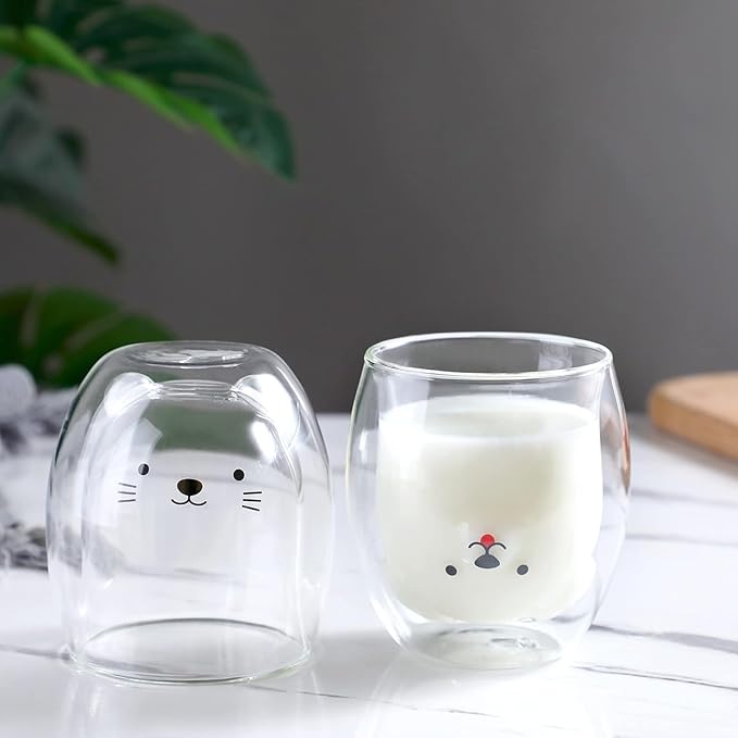 Cat Mug Cute Mugs Glass Double Wall Insulated Glass Espresso Cup, Kawaii Cup, Coffee Cup, Tea Cup, Milk Cup, Best gift for Office and Personal Birthday Christmas (Cat)