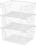 Slideep 14" Large Bin Baskets Stacking Baskets Sturdy Metal Wire Storage Baskets Organization with Handles for Pantry, Kitchen, Closets, Bathroom, Cabinets, Kitchen,White, Set of 3