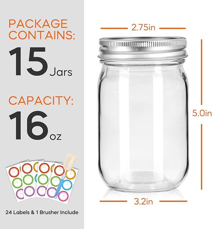 Glass Mason Jars 16 oz with Airtight Lids and Bands - 15 Pack Regular Mouth Pint Canning Jars for Pickling, Meal Prep, Overnight Oats, Dry Food & DIY Crafts - Includes 24 Stickers & Brush