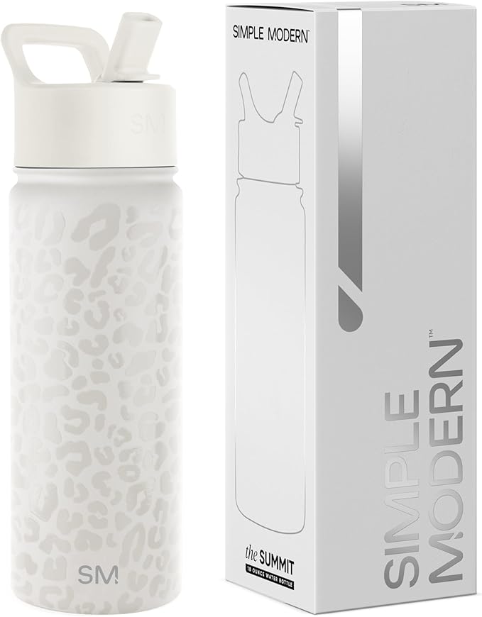 Simple Modern Kids Water Bottle with Straw Lid Vacuum Insulated Stainless Steel Metal Thermos Bottles | Reusable Leak Proof BPA-Free Flask for School | Summit Collection | 18oz, Cream Leopard