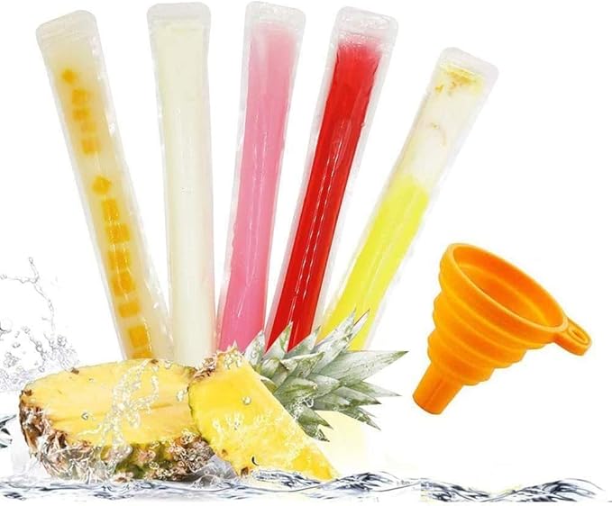 160 Disposable Ice Popsicle Mold Bags| BPA Free Freezer Tubes With Zip Seals | For Healthy Snacks, Yogurt Sticks, Juice & Fruit Smoothies, Ice Candy Pops| Comes With A Funnel (11"x2")